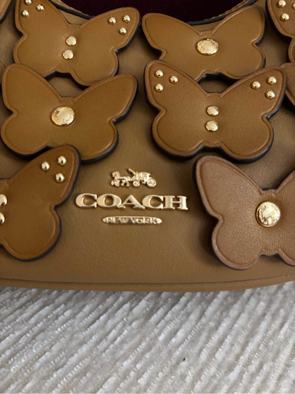 Coach Carmen Mini Crossbody Bag Butterfly Appliqué Leather Brown Gold - Picture 2 of 16